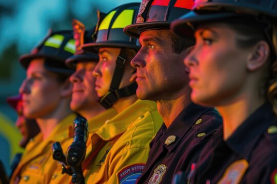 A group of firefighters, paramedics, and police officers standing shoulder-to-shoulder, their uniforms representing the selfless service and dedication of essential workers