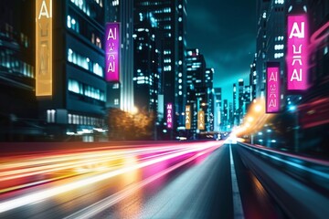 Fast moving cityscape with AI billboards, urban night scene, technology innovation, cyberpunk aesthetic, neon lights, artificial intelligence, digital art