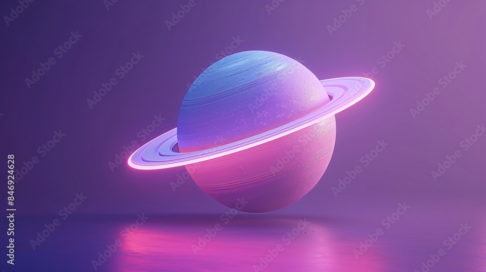 Poster abstract 3d rendering of a glowing planet with a neon ring floating in a purple and pink gradient ba