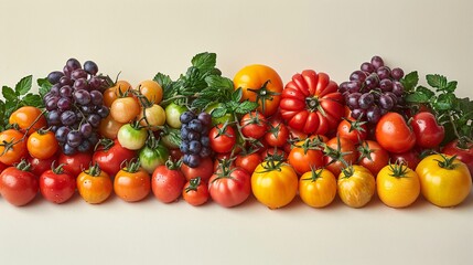 Studio shot of a compositionally arranged selection of tomatoes, including cherry, vine-ripened, and heirloom varieties, against a neutral background, emphasizing their diversity and appeal during