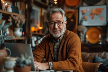 Fototapeta premium Senior man using a laptop at home office with cozy decor