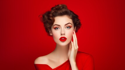 Woman applies red lipstick on red lips red bachelorette fashion generate ai