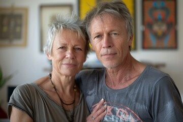Portrait of a tender couple in their 50s sporting a vintage band t-shirt isolated in scandinavian-style interior background