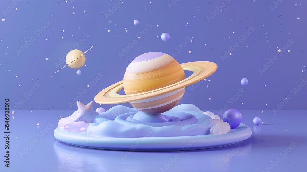Poster futuristic 3d illustration of a planet with rings, floating in a surreal space environment with star