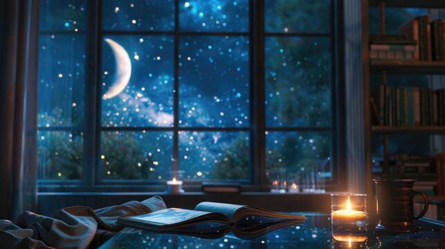 close up of an book and candle lighting with a softly focused night background of a cozy living room