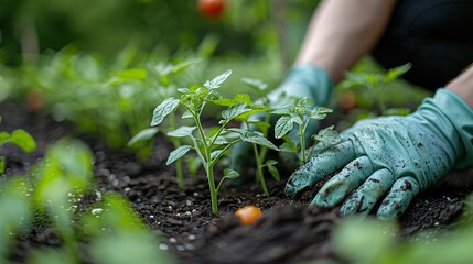 Scene of a community garden event where volunteers come together to plant tomato seedlings, symbolizing unity and collaboration in promoting sustainable agriculture during British Tomato Fortnight