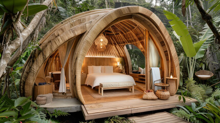 an eco-friendly, luxurious bamboo tent set up in a tropical rainforest