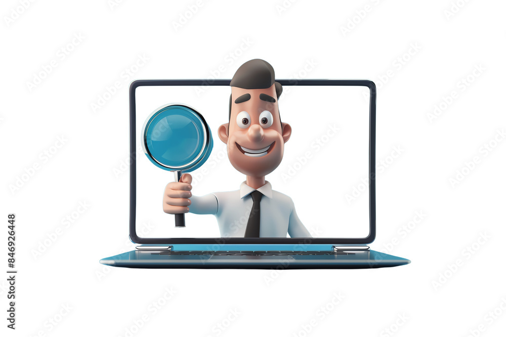 Aufkleber a man is holding a magnifying glass and smiling. he is looking at a computer screen. concept of curi