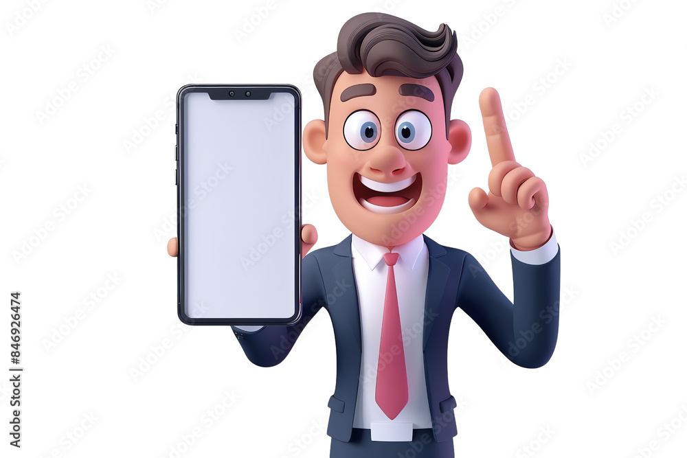Poster a man is holding a cell phone with a white screen and a red tie. he is smiling and pointing to the p