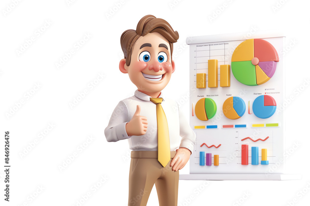 Poster a man in a yellow tie is standing in front of a white board with a graph on it. he is giving a thumb