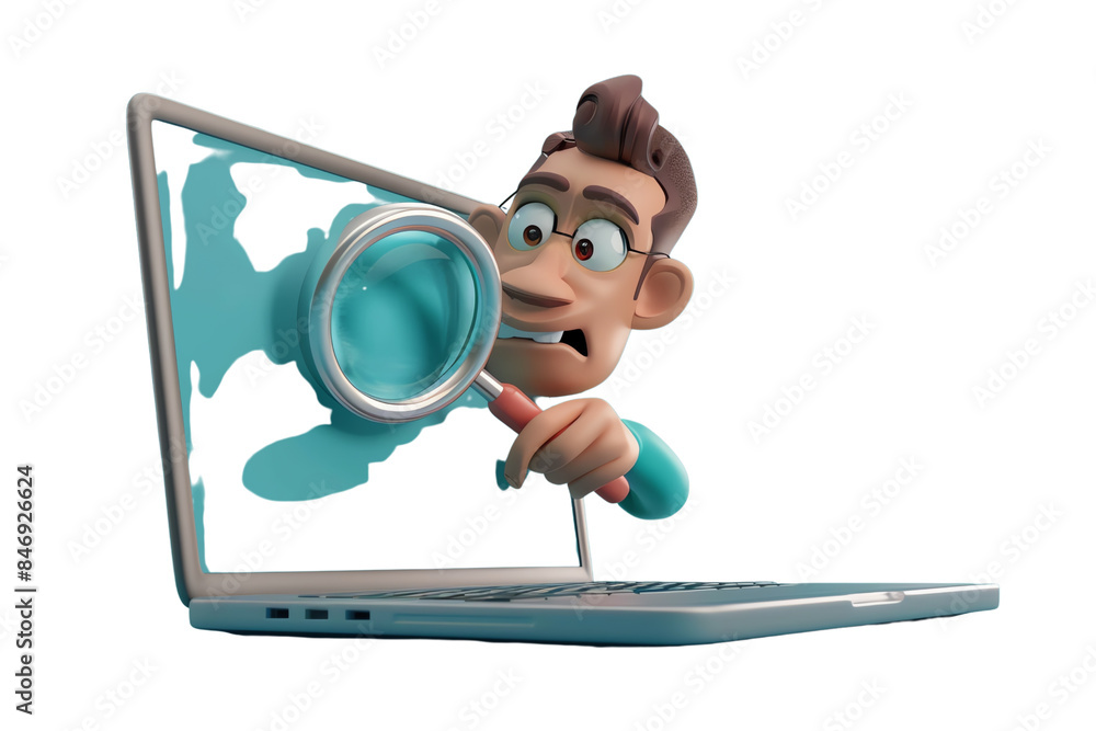 Poster A man is looking at a computer screen with a magnifying glass. He is wearing glasses and he is searching for something, isolated on a transparent background.