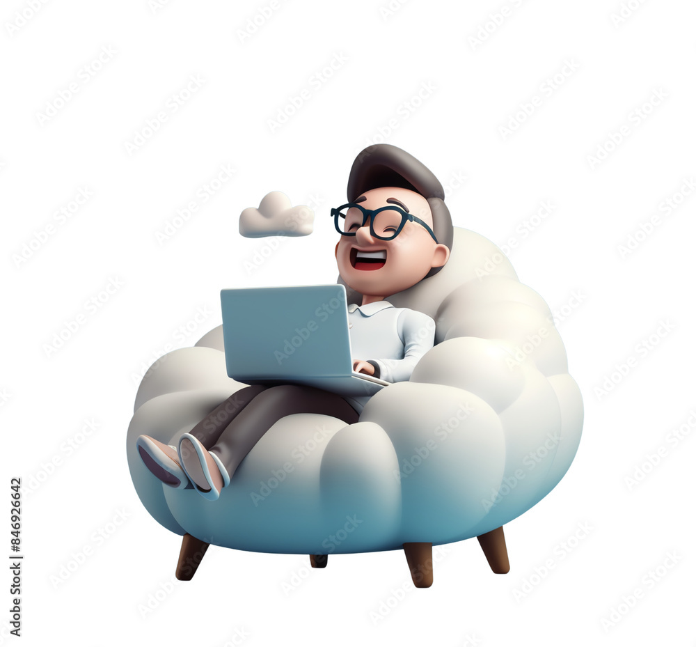 Aufkleber a man is sitting on a couch with a laptop in front of him. he is smiling and he is enjoying his time