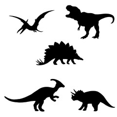 Silhouettes of Dinosaurs in Various Poses, Prehistoric Creatures, Dinosaur Silhouette Art