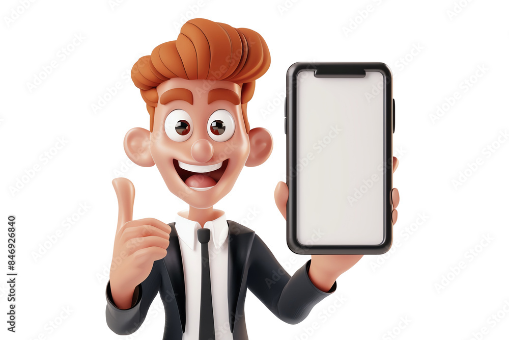 Poster a man is holding a tablet with a thumbs up gesture. he is smiling and he is happy, isolated on a tra