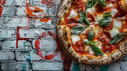 Naklejka premium A close-up of a graffiti pizza with basil and mozzarella