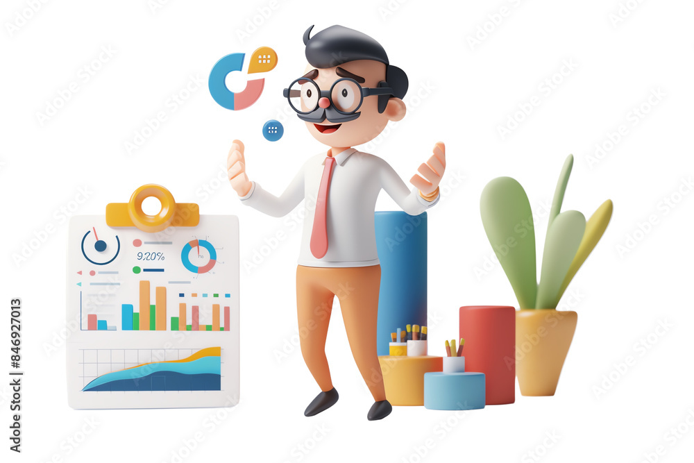 Poster a man in glasses stands in front of a white board with a graph on it. he is smiling and he is excite