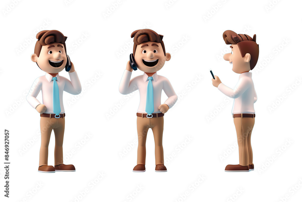 Poster a man is talking on a cell phone while standing in front of a white background. he is smiling and he