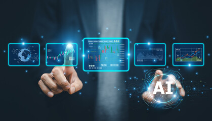 Businessman using ai artificial intelligence analysis  for trend trading stock market investment.