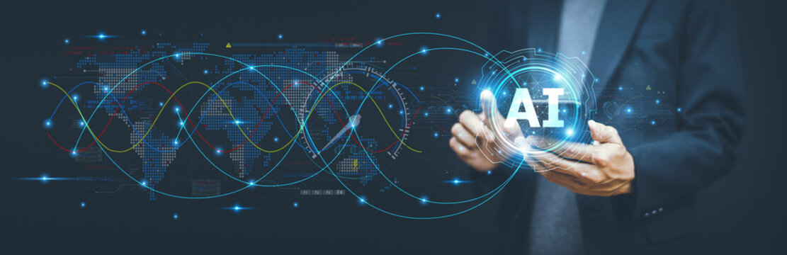 Businessman using ai artificial intelligence management in logistic system support human work and reduce time to work in process.AI assitant planing to import export for business.