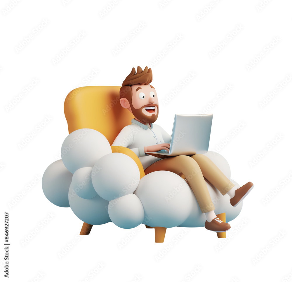 Poster a man is sitting on a couch with a laptop in front of him. he is smiling and he is enjoying his time