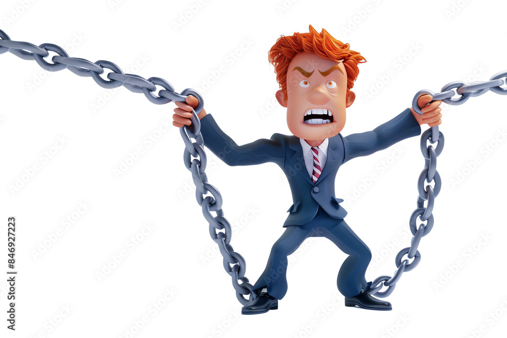 Poster a man in a suit is trying to break free from a chain. concept of frustration and determination as th