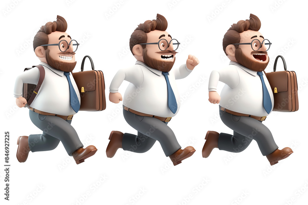 Poster men are running with ties and briefcases. the first man is smiling and the second is laughing. the t