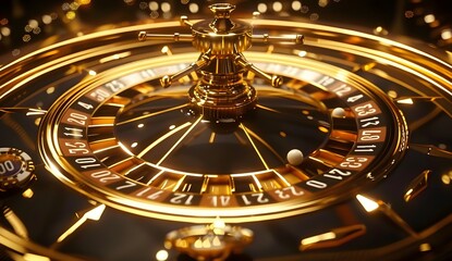 Naklejka premium Casino roulette closeup, background with casino elements, gold and black colors