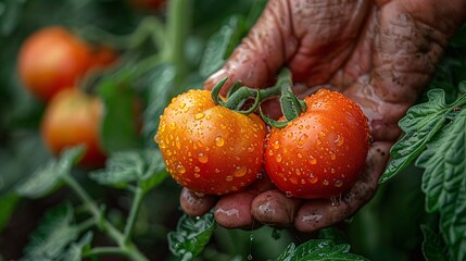 A farmer's hand gently plucking a ripe, red tomato from the vine, against a backdrop of lush green foliage, capturing the essence of harvesting during British Tomato Fortnight festivals