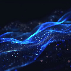 AI Particle Wave: a dark blue background with a wave of glowing particles moving in a fluid
