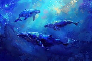 Naklejka premium majestic blue whales swimming gracefully through vibrant underwater realm digital painting