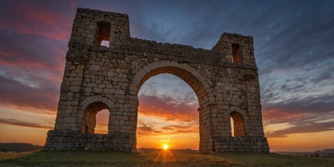 The ruins of an ancient structure set against a dramatic sunset with vibrant colors and deep shadows