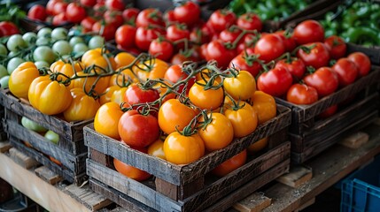 Scene of a traditional farmers' market stall adorned with vibrant tomatoes in an assortment of colors, attracting visitors and promoting local produce during British Tomato Fortnight festivals