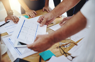 Business people, hands and meeting with documents for finance, budget planning or corporate growth...