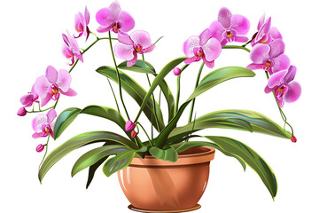 Fototapeta premium A beautiful potted orchid with delicate pink flowers, isolated on transparent or white background 