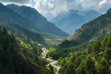 Obraz premium majestic mountainous valley with a winding river and dense pine forest picturesque landscape