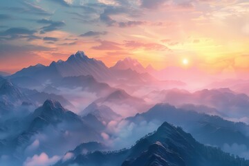 Fototapeta premium majestic sunrise over misty mountain peaks vibrant aigenerated landscape