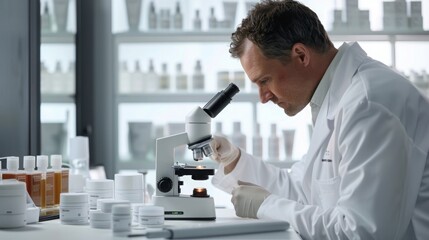A scientist in a lab coat carefully examines a product under a microscope. Bottles and jars of product can be seen in the background.