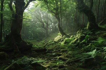 Fototapeta premium Serene scene of a misty forest, with sunlight filtering through lush greenery and mosscovered trees