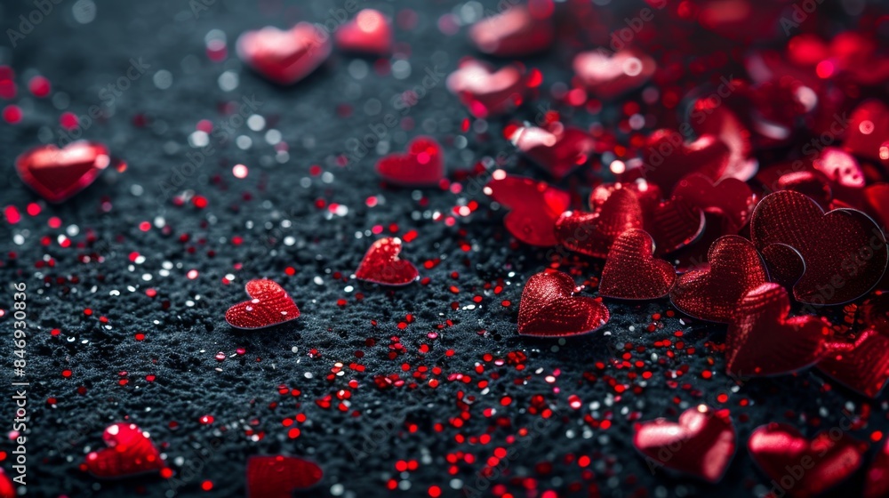 Poster sparkling red heart-shaped confetti scattered on a dark surface, creating a festive and romantic atm