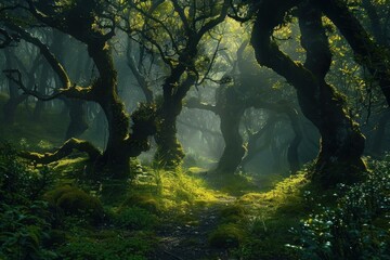 Mystical green forest with sunbeams piercing through the trees