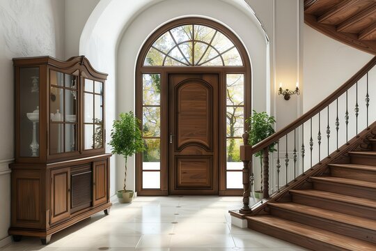 mediterranean elegance wooden cabinet and arched doorway in modern entrance hall with staircase 3d interior rendering