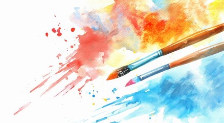 Fototapeta premium Creative watercolor paint splatters and brushes on white background with blue and orange accents for art inspiration and design projects