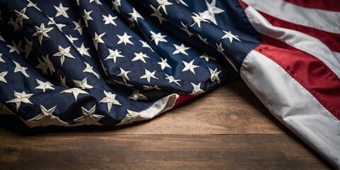 An image of the American flag folded and resting on a rustic wooden surface invoking feelings of patriotism, heritage, and national pride