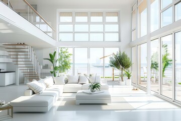 Fototapeta premium minimalist living room with large windows and loft interior modern design in bright airy space 3d illustration