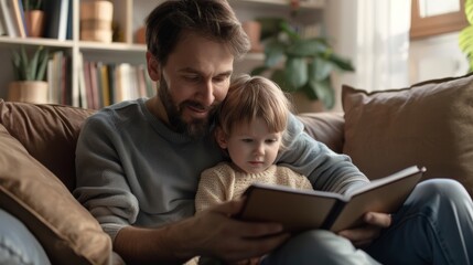 Obraz premium A parent reading subtitles to a younger child, both engaged with the screen.