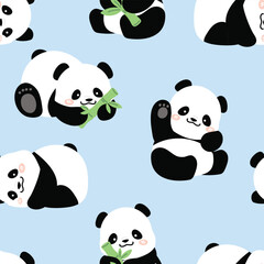 Cute Animal Panda characters seamless pattern. Hand drawn wild animal cartoon design of panda in different pose, bamboo, sitting, sleeping. Adorable bear mascot illustration for fabric, packaging.