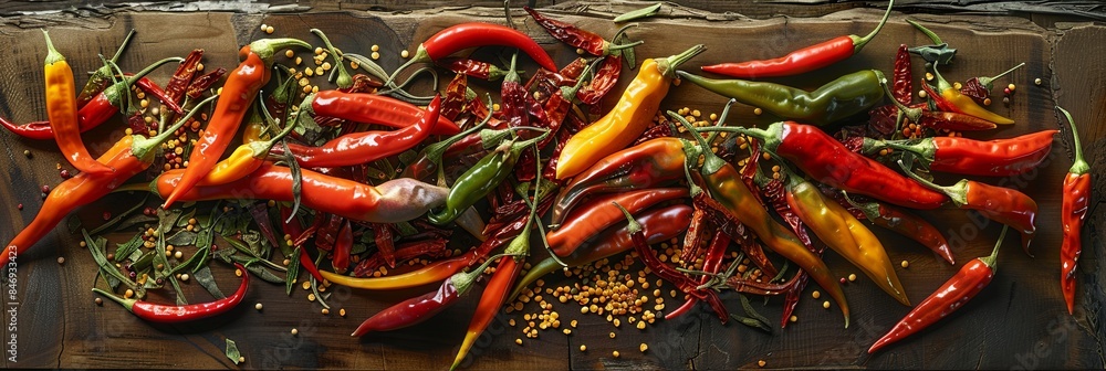 Poster a close-up shot of a variety of fresh and dried chili peppers, ranging in color from bright red to d