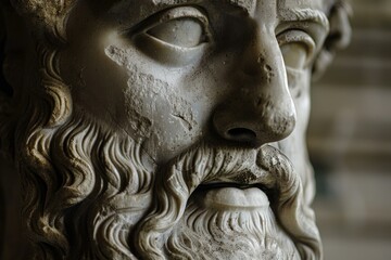Closeup view of a classical greek sculpture's intricately carved face