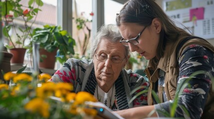 A person with a cognitive disability accompanied by a caregiver, using a communication board.