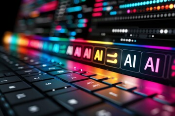 AI letters on digital keyboard, technology innovation, artificial intelligence, high tech visuals, cyber theme, modern design, digital art